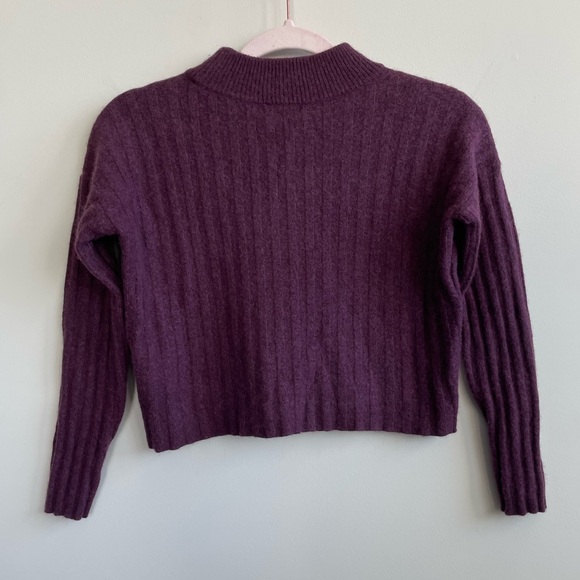 Madewell Wool Blend Mock Neck Cropped Sweater Plum Purple Ribbed - Picture 9 of 11